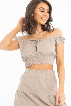 Rebellious Fashion Taupe Ruffle Shoulder Tie Back Crop Top - Melida
