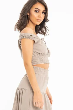 Rebellious Fashion Taupe Ruffle Shoulder Tie Back Crop Top - Melida