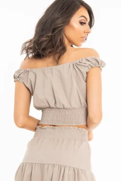 Rebellious Fashion Taupe Ruffle Shoulder Tie Back Crop Top - Melida