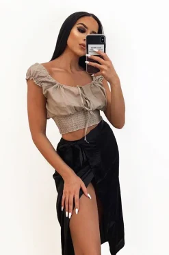 Rebellious Fashion Taupe Ruffle Shoulder Tie Back Crop Top - Melida