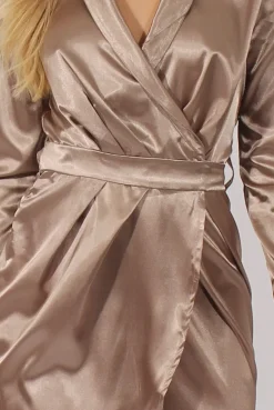 Rebellious Fashion Taupe Satin Wrap Dress - Jolene