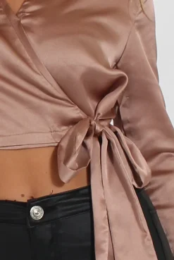 Rebellious Fashion Taupe Silk Wrap Crop Top - Danielle