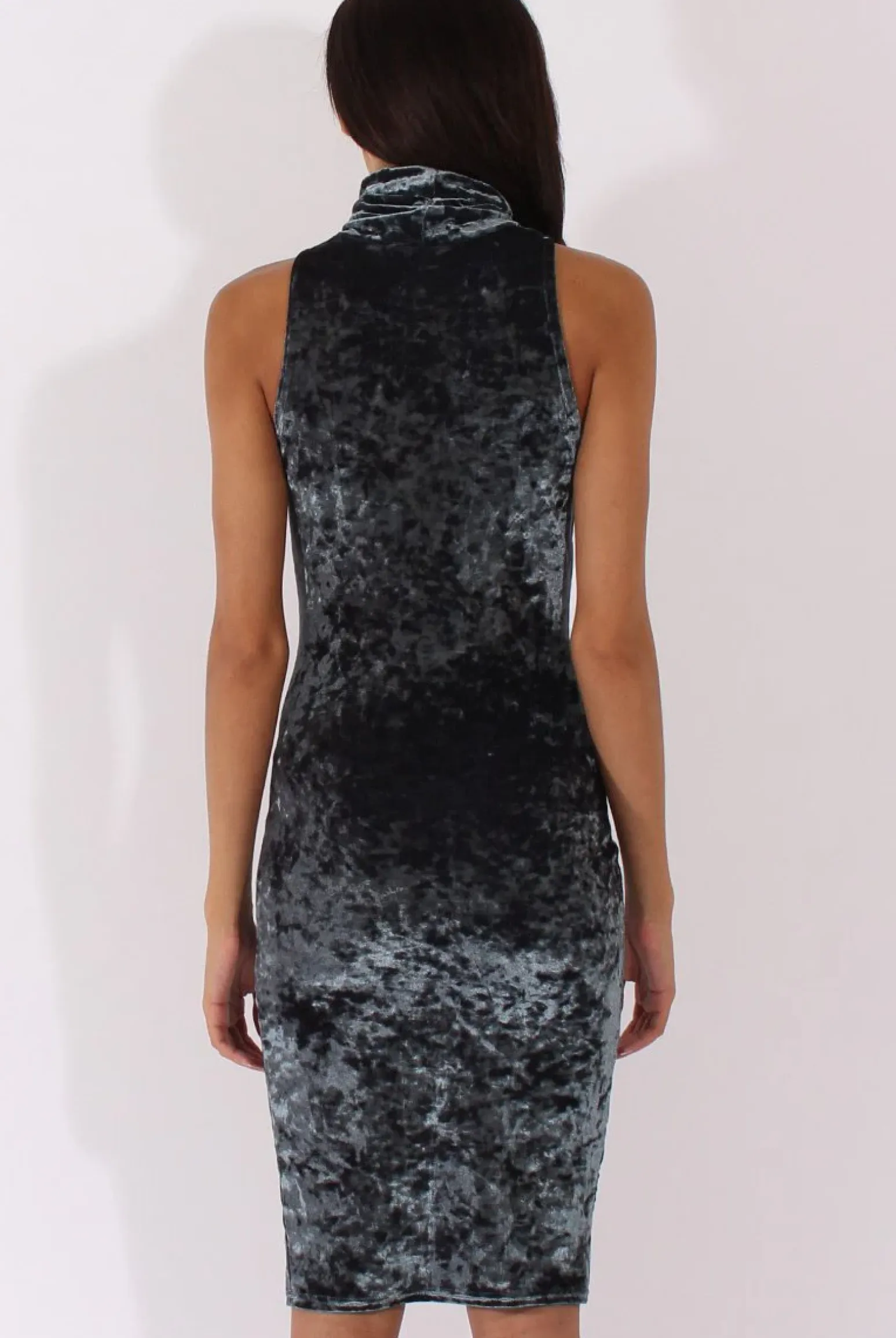Rebellious Fashion Teal Crushed Velvet Front Split Turtleneck Dress - Erin