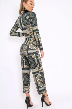 Rebellious Fashion Teal Paisley Print Zip Front Jumpsuit - Aazeen