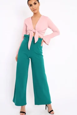 Rebellious Fashion Teal Paper Bag Tie Waist Wide Leg Trousers - Kennedy