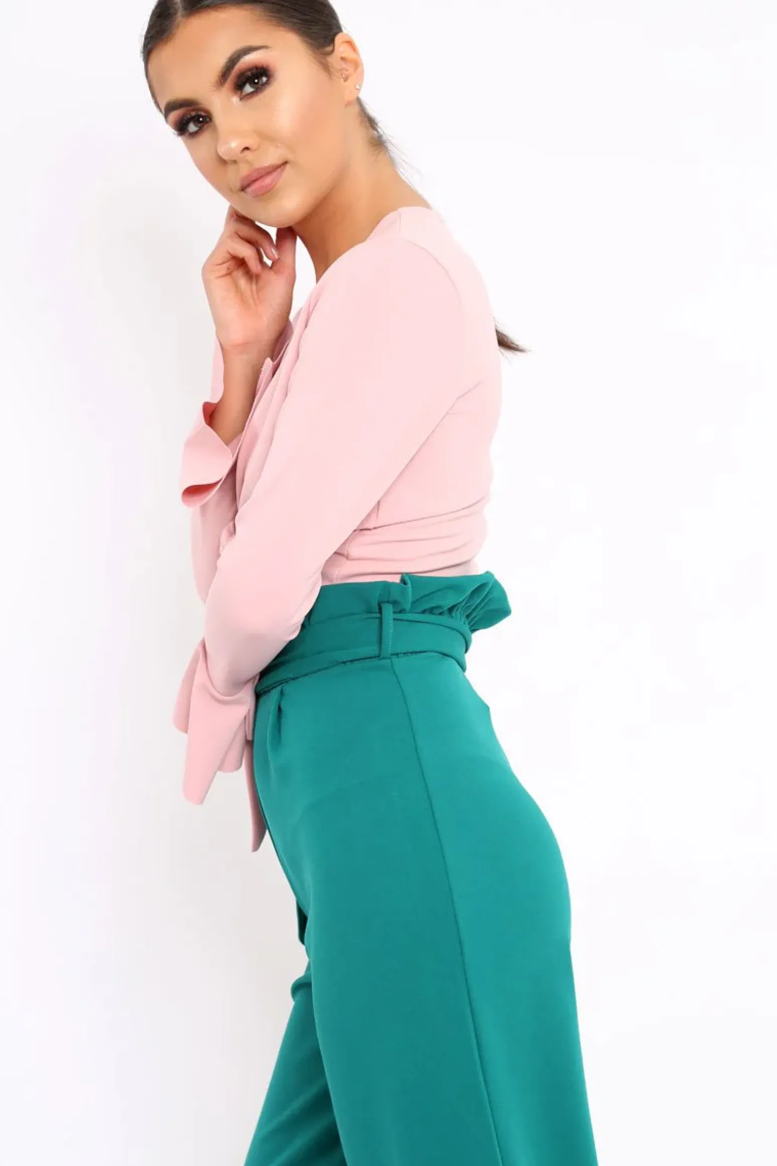 Rebellious Fashion Teal Paper Bag Tie Waist Wide Leg Trousers - Kennedy