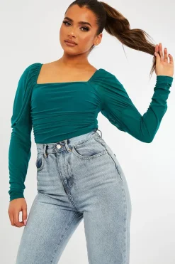 Rebellious Fashion Teal Ruched Body Mesh Sleeve Bodysuit - Raeya