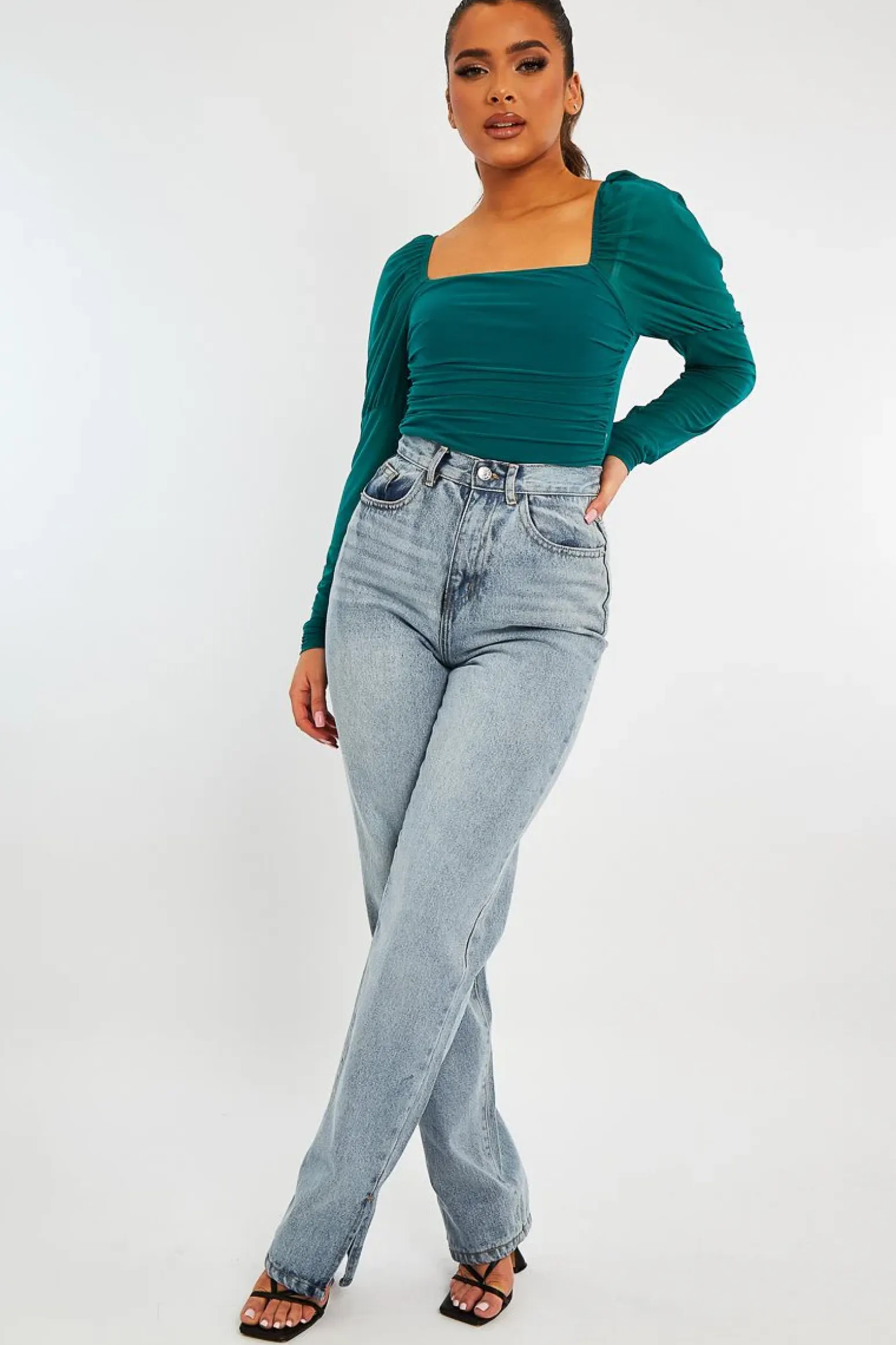 Rebellious Fashion Teal Ruched Body Mesh Sleeve Bodysuit - Raeya
