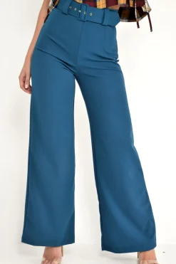 Rebellious Fashion Teal Tailored Wide Leg Belted Trousers - Chenelle