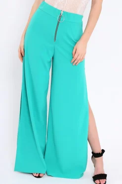Rebellious Fashion Teal Zip Front High Waisted Flare Trousers - Gerta