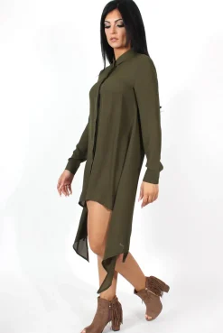 Rebellious Fashion Teri Khaki Dip Hem Shirt Dress