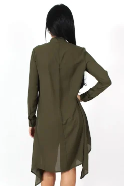 Rebellious Fashion Teri Khaki Dip Hem Shirt Dress