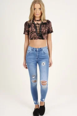 Rebellious Fashion Tie Dye Lace Up Crop Top - Pheobe