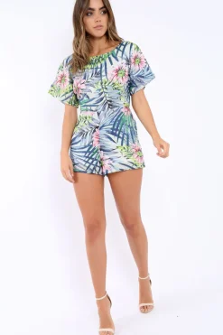 Rebellious Fashion Tropical Print with Open Tie Back Playsuit - Leannah