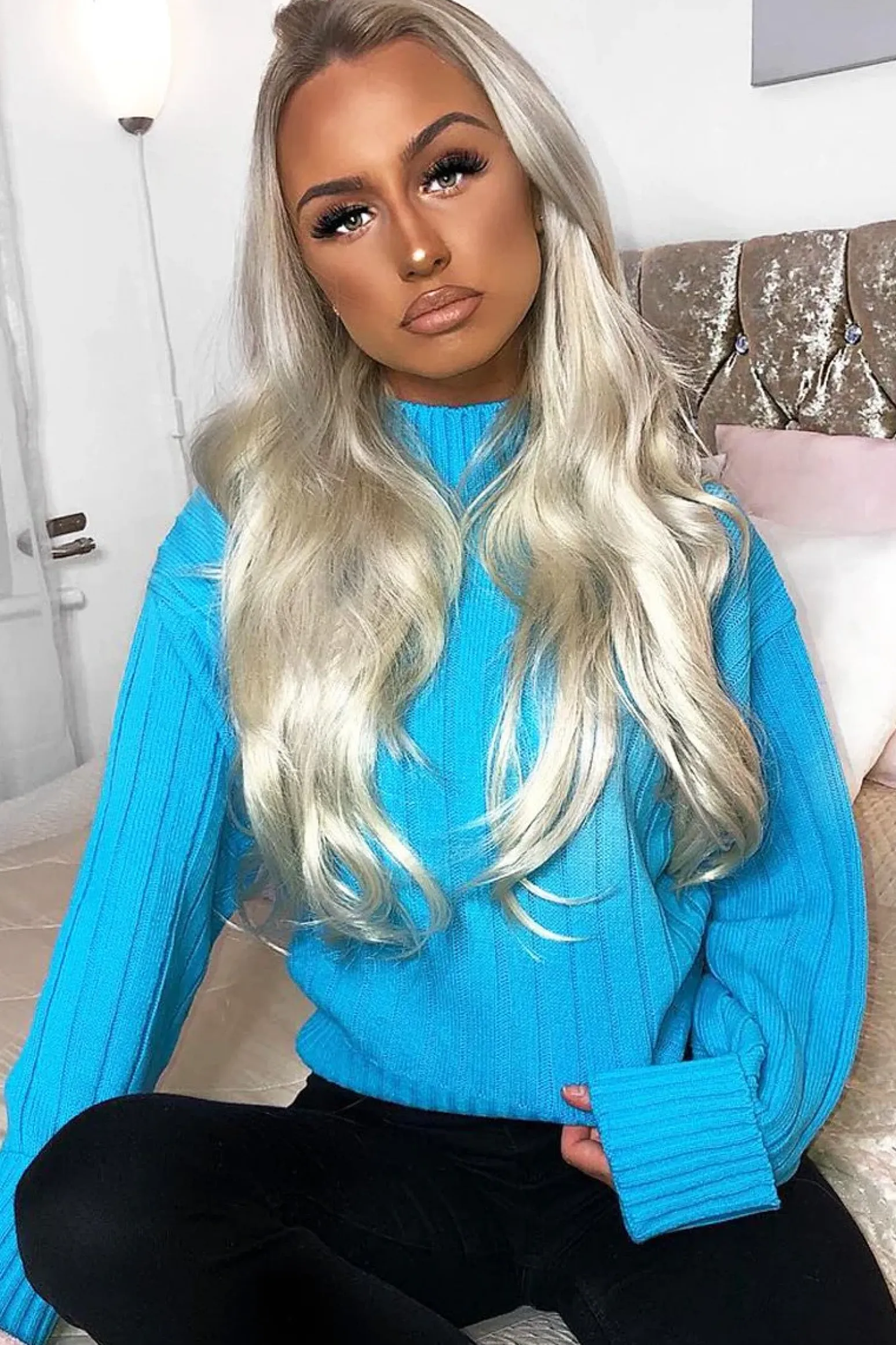 Rebellious Fashion Turqouise Knit High Neck Jumper - Jaelynn