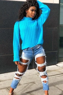 Rebellious Fashion Turqouise Knit High Neck Jumper - Jaelynn