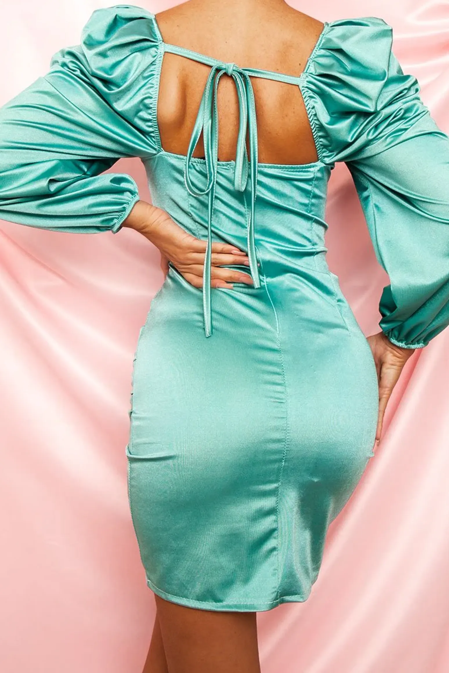 Rebellious Fashion Turquoise Satin Ruched Skirt Mini Bodycon Dress - Fianna