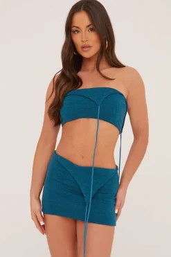 Rebellious Fashion Turquoise Asymmetric Tie Detail Cropped Top & Mini Skirt Co-ord Set - Abey