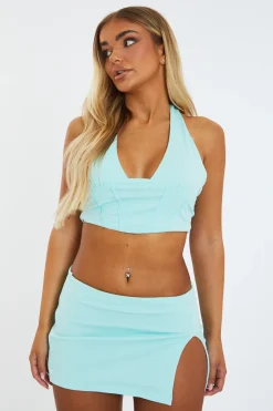 Rebellious Fashion Turquoise Halter Neck Crop Top & Low Rise Micro Mini Skirt - Kai
