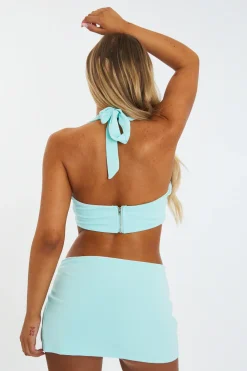 Rebellious Fashion Turquoise Halter Neck Crop Top & Low Rise Micro Mini Skirt - Kai