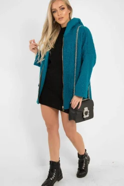 Rebellious Fashion Turquoise Hooded Zip Front Borg Coat - Loryn