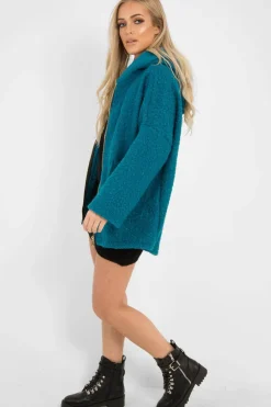 Rebellious Fashion Turquoise Hooded Zip Front Borg Coat - Loryn