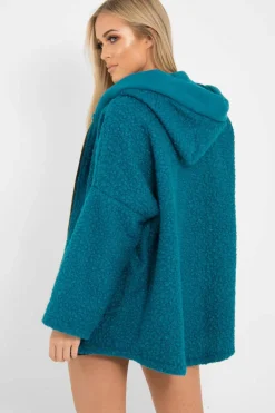Rebellious Fashion Turquoise Hooded Zip Front Borg Coat - Loryn