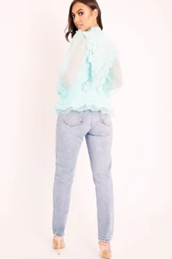 Rebellious Fashion Turquoise Lace Panel Net Sleeve Jumper - Dalila