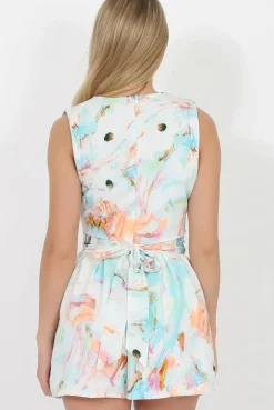 Rebellious Fashion Turquoise Low Cut Tie Waist Playsuit - Sommer