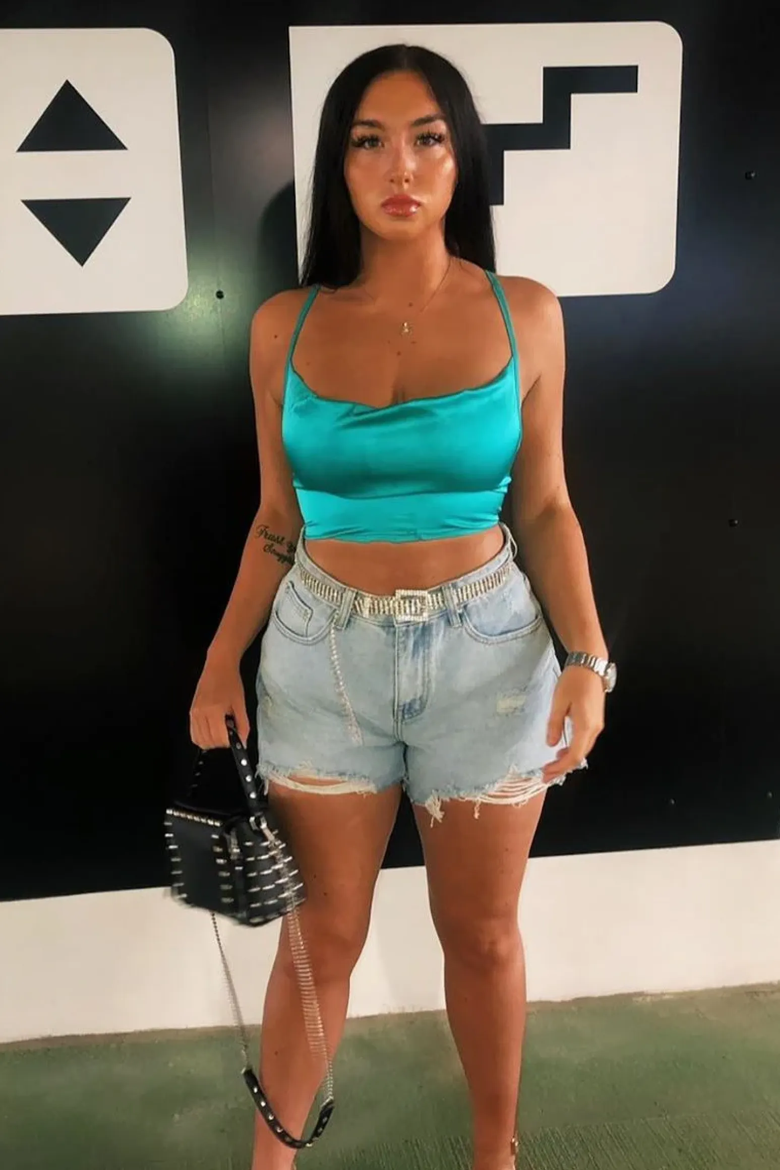 Rebellious Fashion Turquoise Satin Cowl Neck Lace Up Back Crop Top - Kamsi