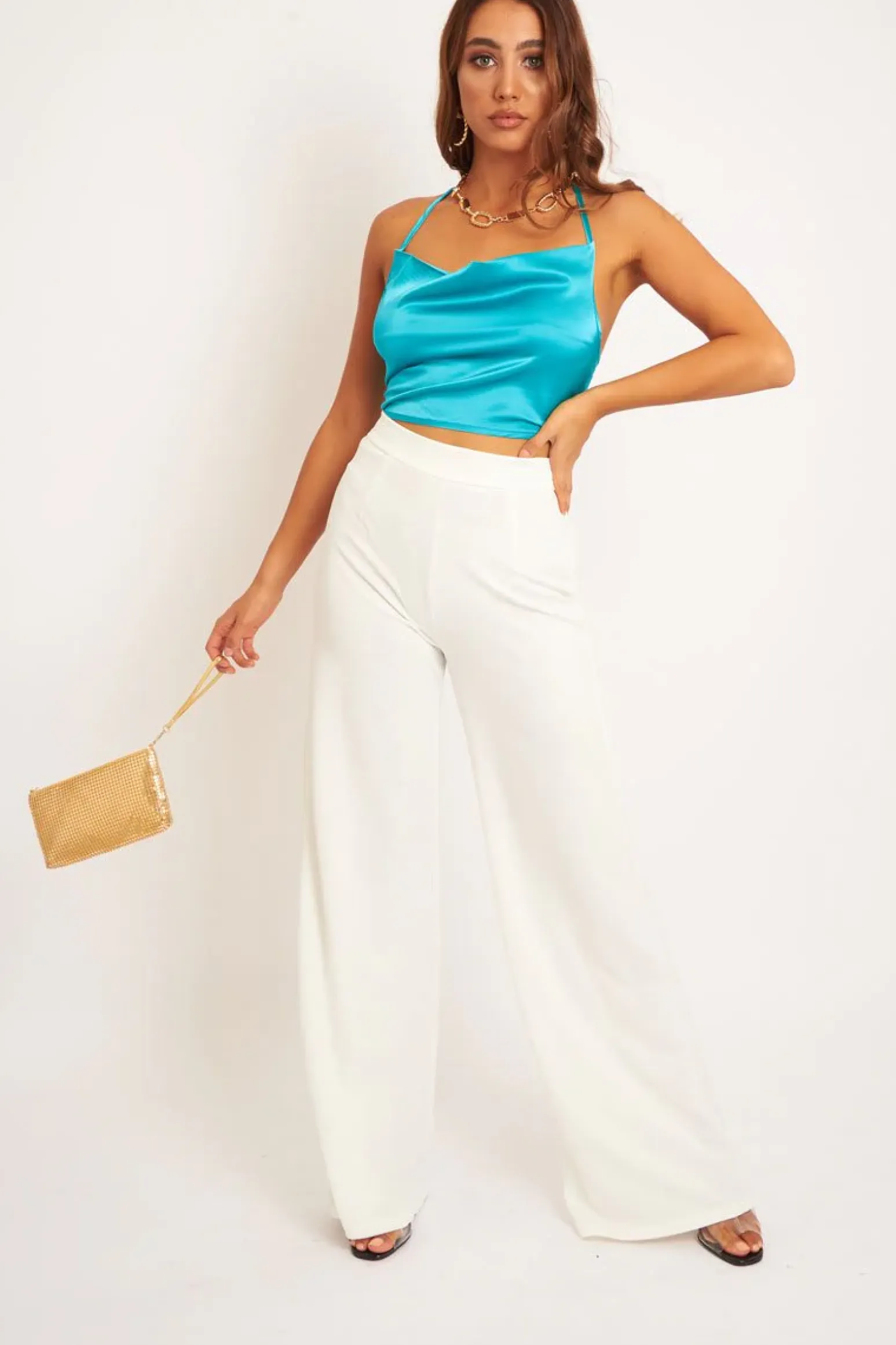 Rebellious Fashion Turquoise Satin Cowl Neck Lace Up Back Crop Top - Kamsi