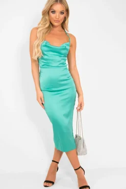 Rebellious Fashion Turquoise Satin Cowl Neck Midi Bodycon Dress - Liliana