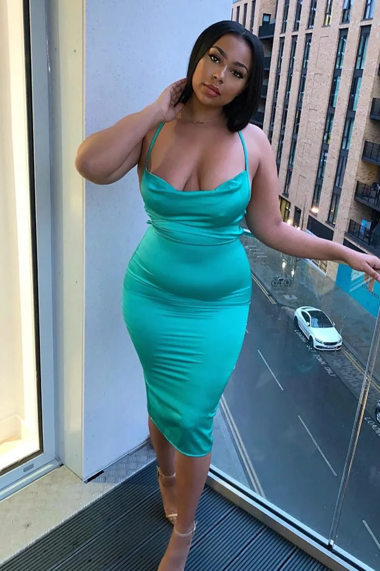 Rebellious Fashion Turquoise Satin Cowl Neck Midi Bodycon Dress - Liliana