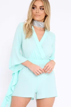 Rebellious Fashion Turquoise Wrap Front Flare Sleeve Playsuit - Emoni