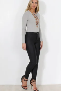 Rebellious Fashion Una Grey Tie Front Bodysuit