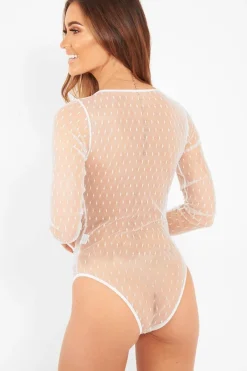 Rebellious Fashion VD - White Dobby Mesh Low Cut Bodysuit - Tamara