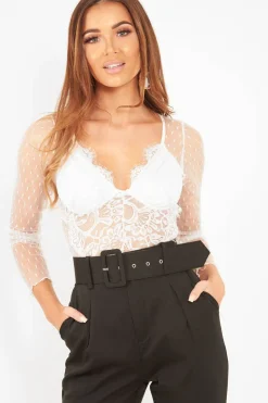 Rebellious Fashion VD - White Dobby Mesh Low Cut Bodysuit - Tamara