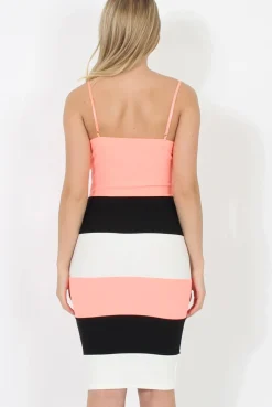 Rebellious Fashion V-Front Coral & Black Bodycon Midi Dress- Ivy