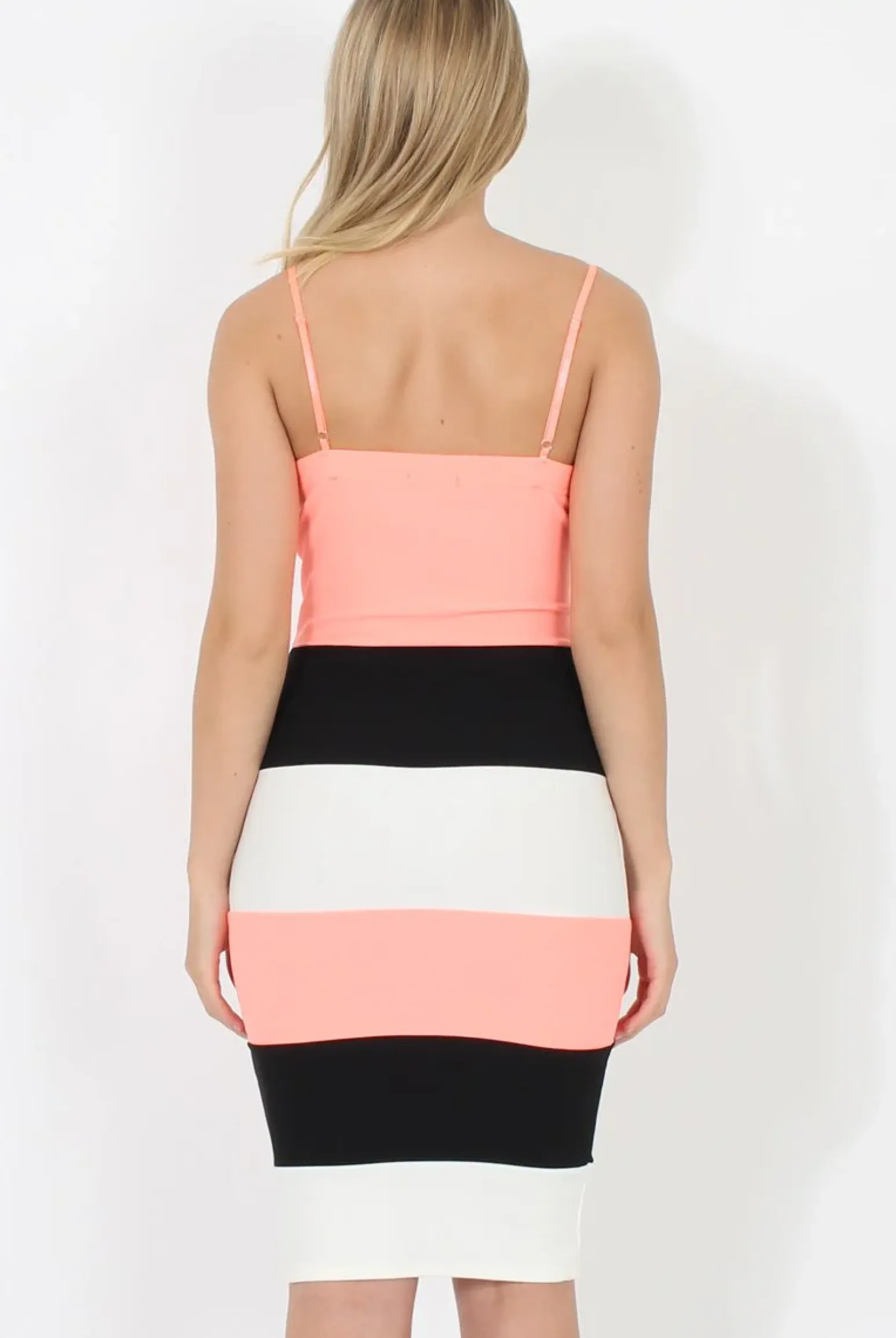 Rebellious Fashion V-Front Coral & Black Bodycon Midi Dress- Ivy