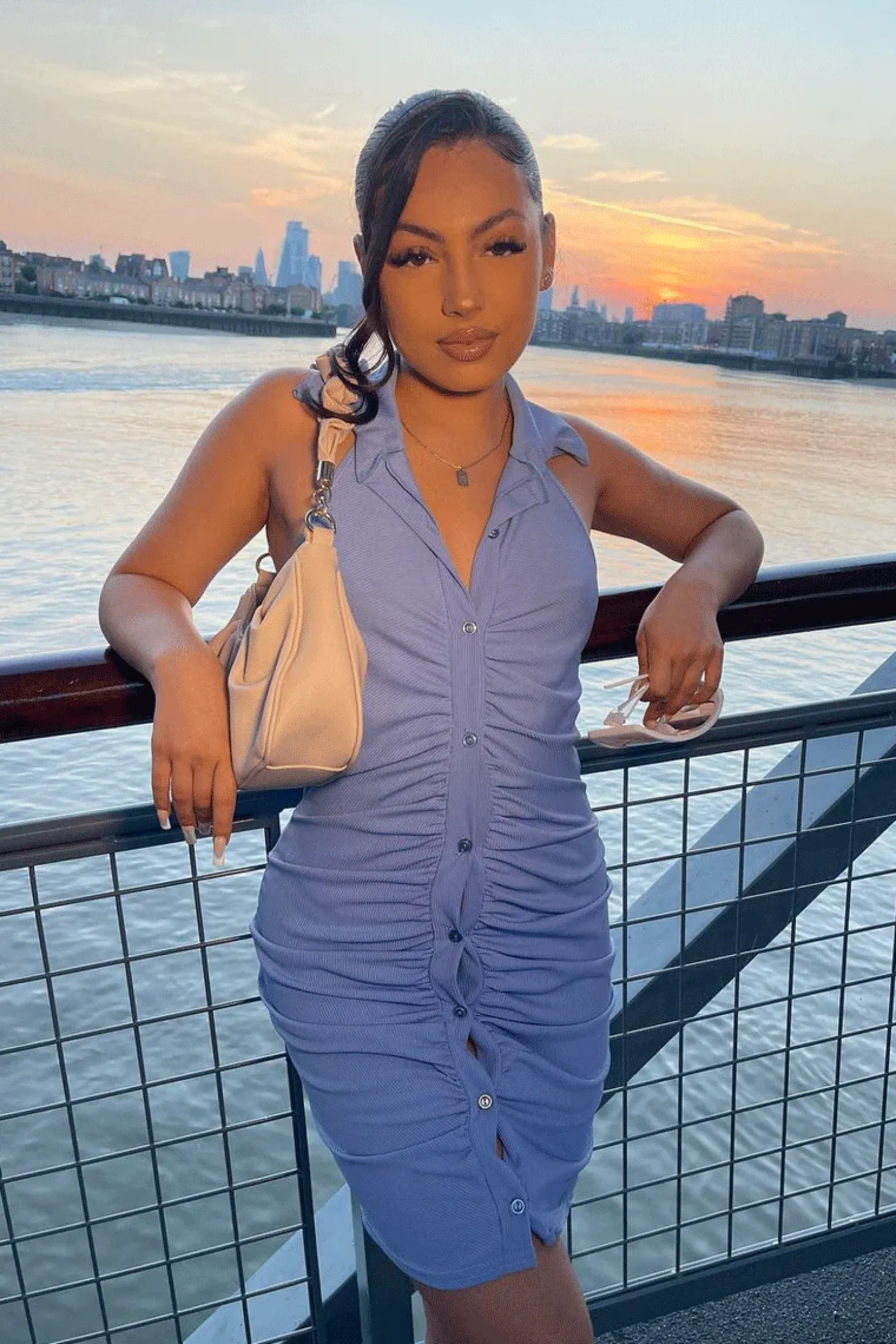 Rebellious Fashion Vintage Blue Button Through Ribbed Bodycon Mini Dress - Hiedi