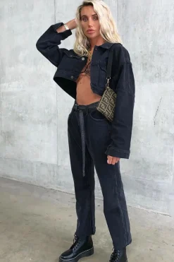 Rebellious Fashion Washed Black Crop Denim Jacket - Nianna