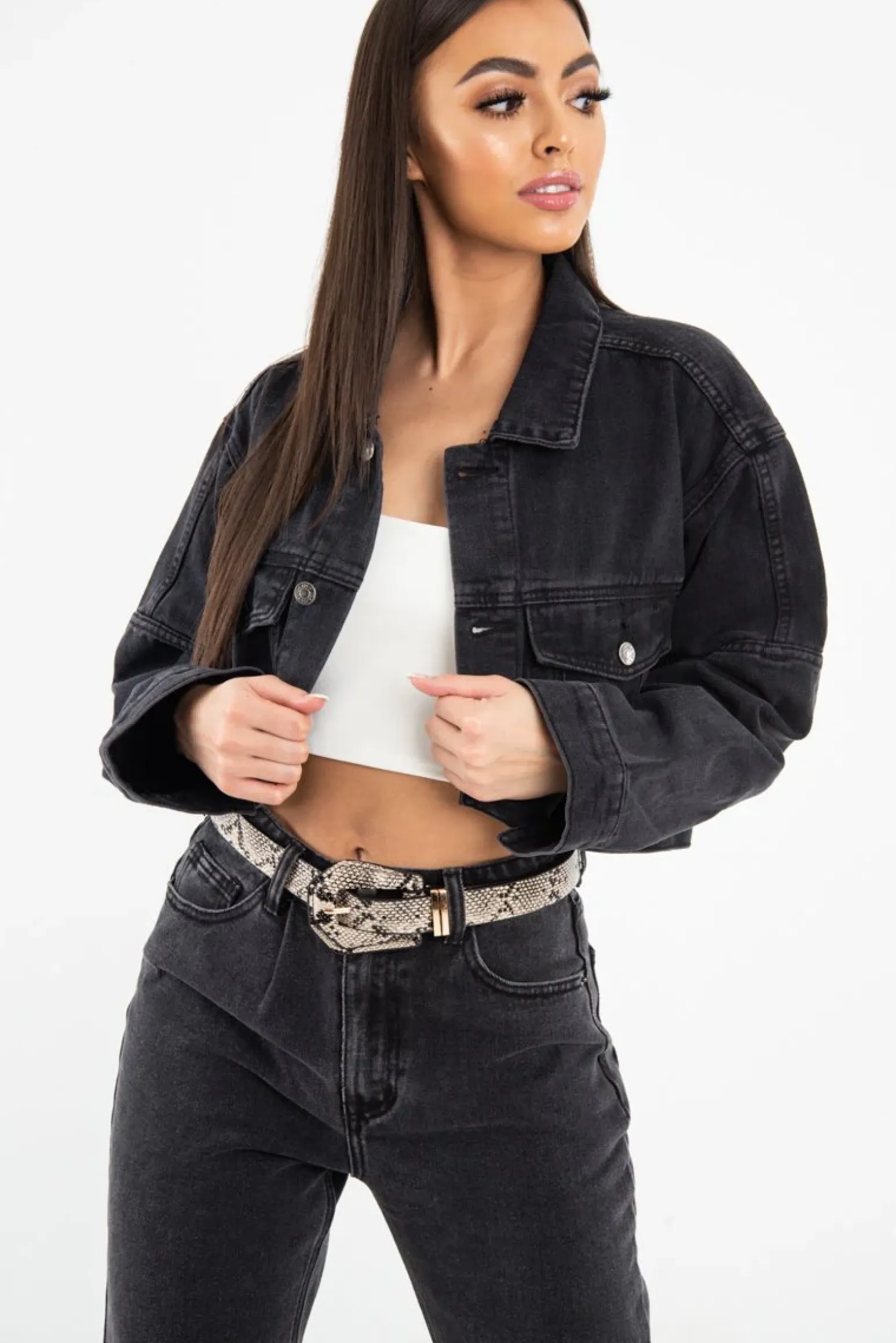 Rebellious Fashion Washed Black Crop Denim Jacket - Nianna