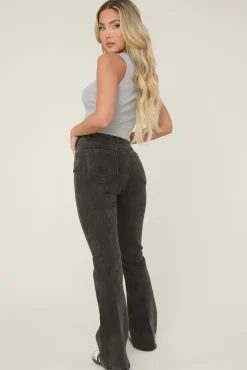 Rebellious Fashion Washed Black High Waist Kick Flare Frayed Hem Denim Jeans - Aspen