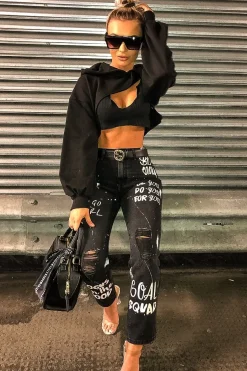 Rebellious Fashion Washed Black Slogan Ripped Knee Mom Jeans - Carla