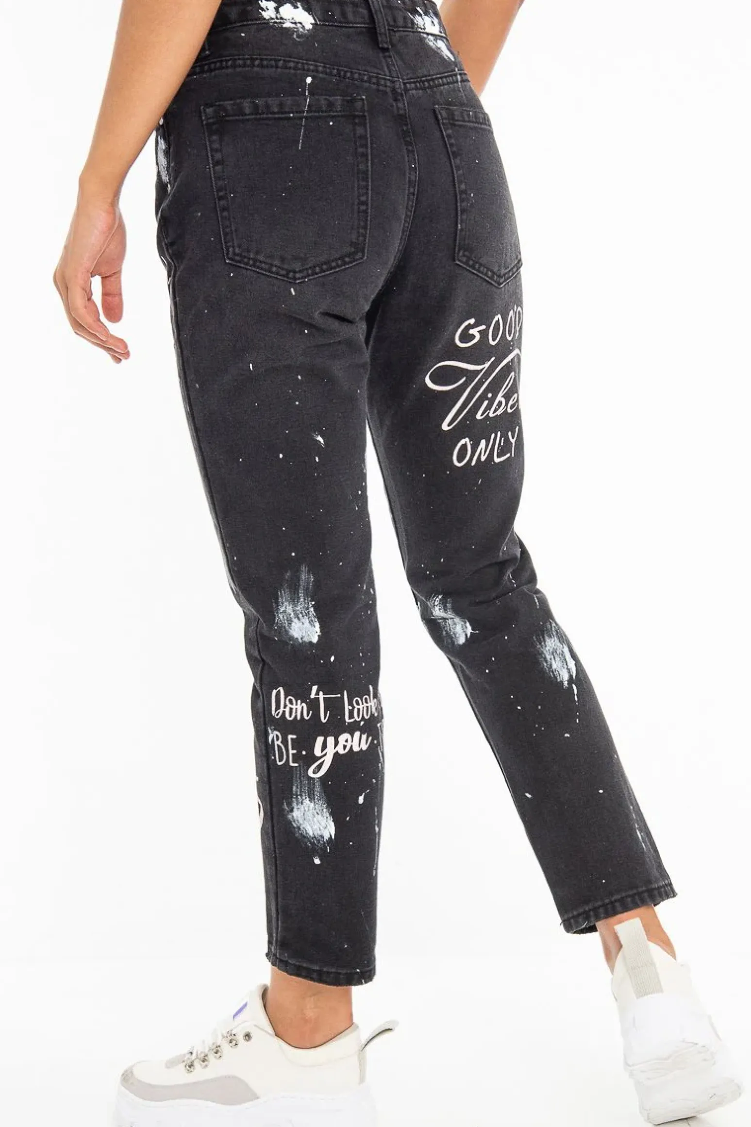 Rebellious Fashion Washed Black Slogan Ripped Knee Mom Jeans - Carla