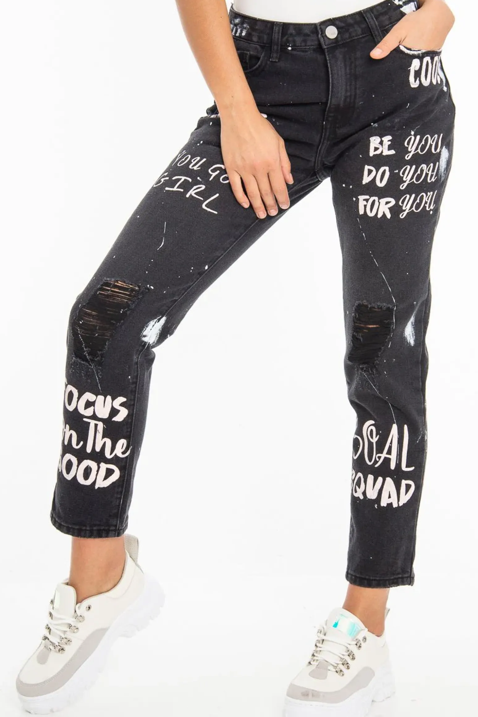 Rebellious Fashion Washed Black Slogan Ripped Knee Mom Jeans - Carla