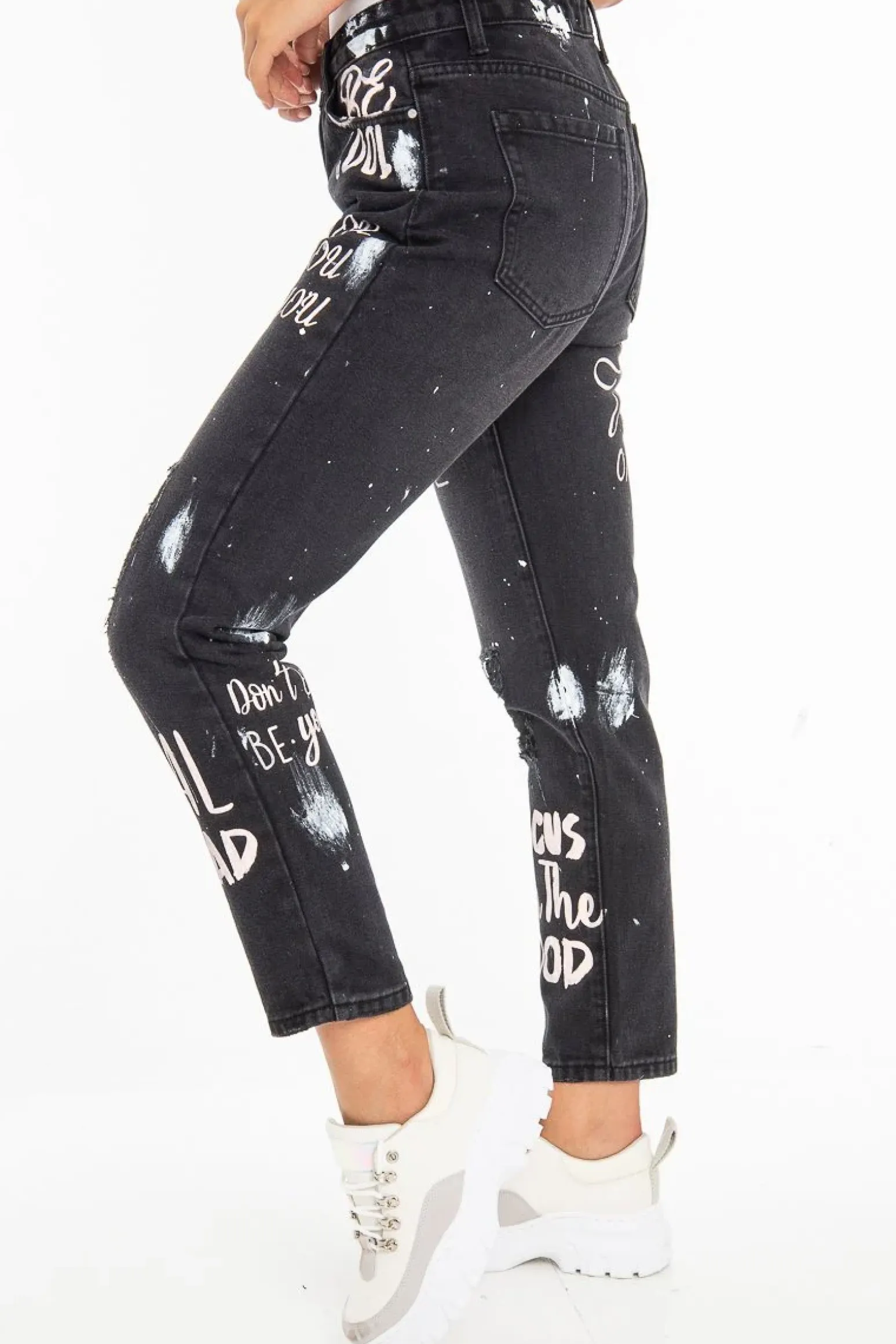 Rebellious Fashion Washed Black Slogan Ripped Knee Mom Jeans - Carla