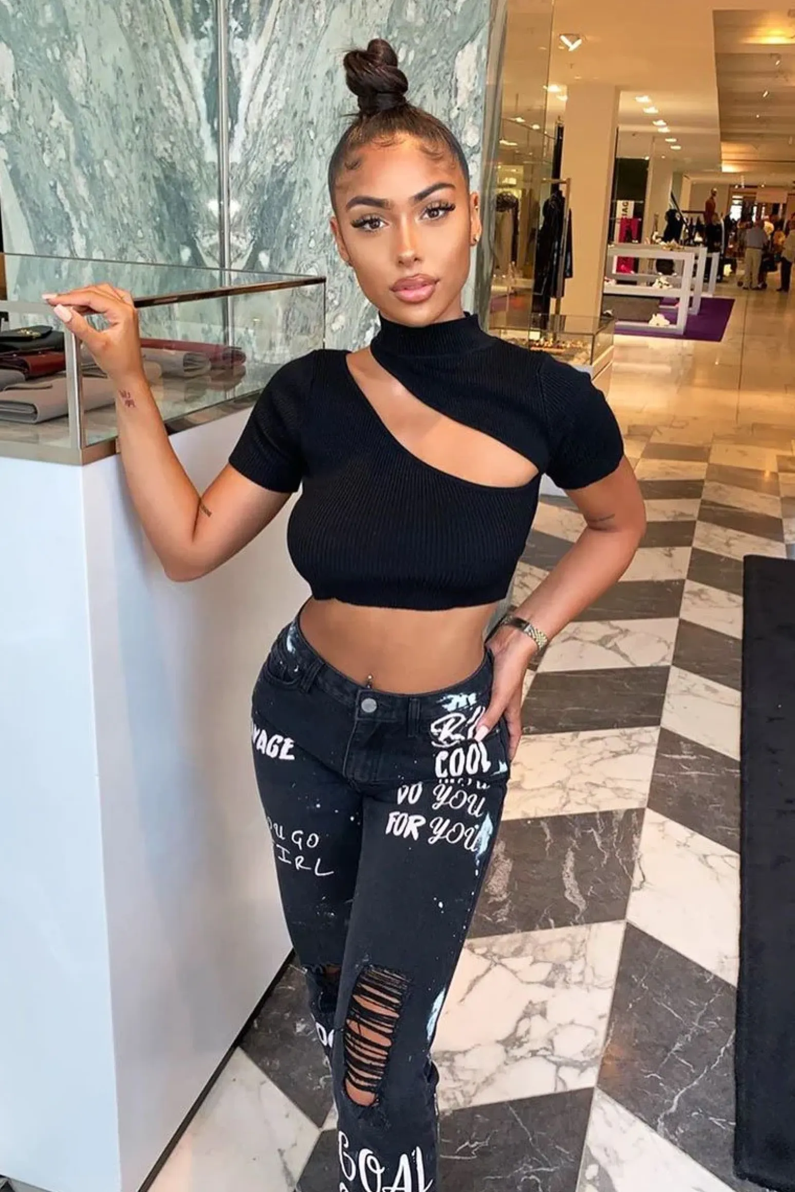 Rebellious Fashion Washed Black Slogan Ripped Knee Mom Jeans - Carla