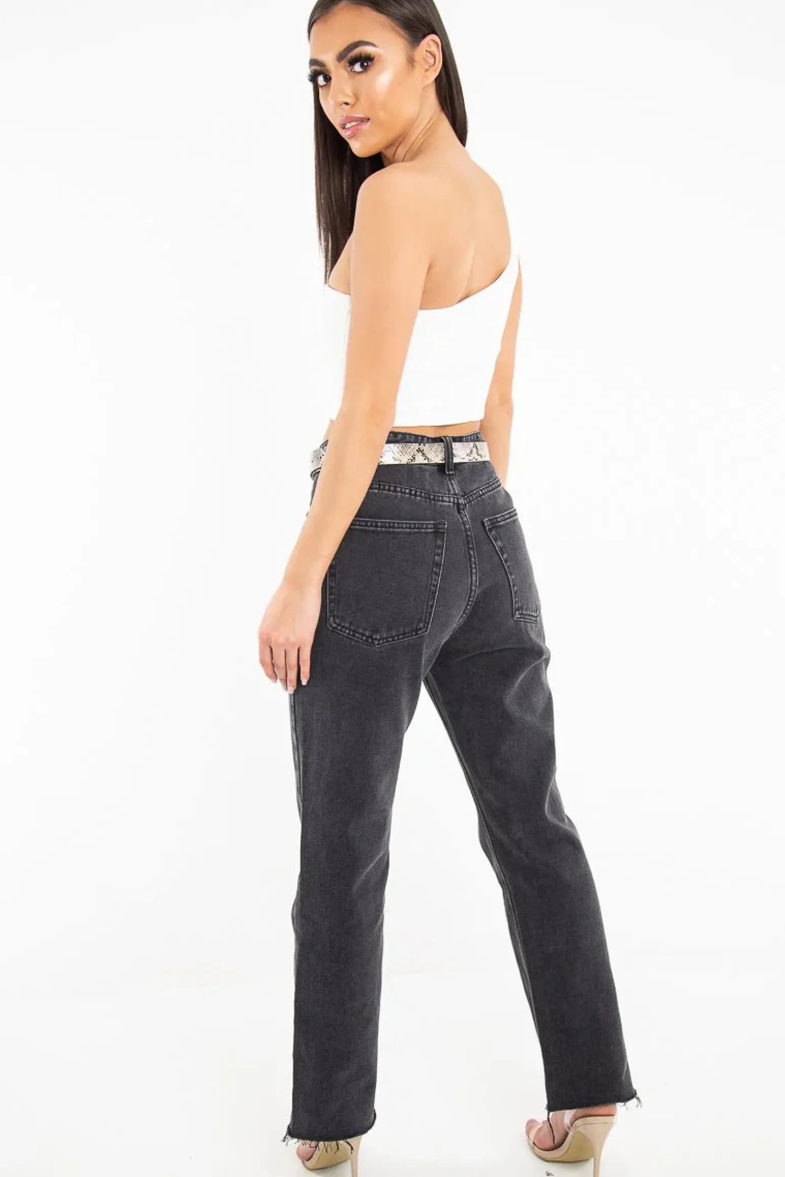 Rebellious Fashion Washed Black Wide Leg Denim Jeans - Annalya