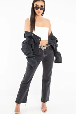 Rebellious Fashion Washed Black Wide Leg Denim Jeans - Annalya